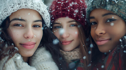 Photograph of diverse ethnicity group of beautiful girls at a snowy park in winter . Model photography.