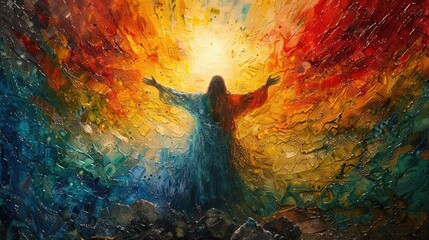 transformative watercolor rendition of Jesus Christ's resurrection, bursting forth from the tomb with a triumphant aura. - obrazy, fototapety, plakaty