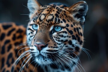 Obraz premium This stunning image captures the piercing gaze of a jaguar, showcasing its spotted coat and fierce eyes, emanating a wild spirit