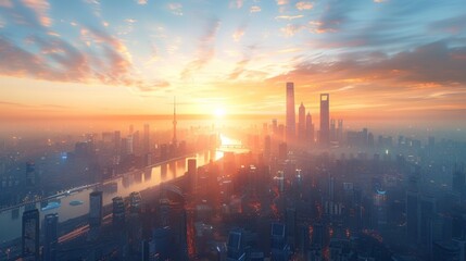 Fototapeta premium A Mesmerizing Sunset Reflecting off a Winding River in a Cityscape.