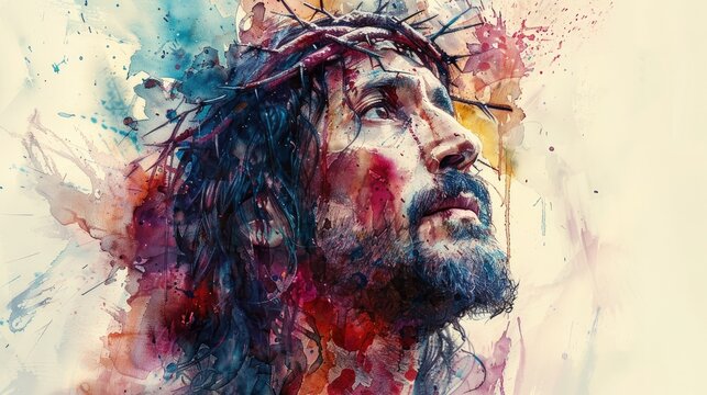 poignant watercolor illustration of Jesus Christ carrying the cross, his face etched with sorrow yet filled with unwavering determination.