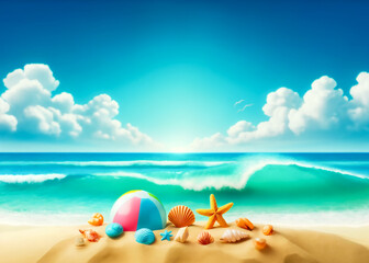Fototapeta na wymiar Serene beach with shells and beach ball.