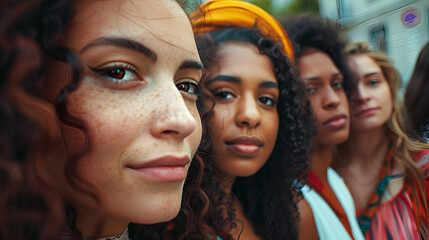 Obraz premium Photograph of diverse ethnicity group of beautiful girls walking on the street . Model photography.