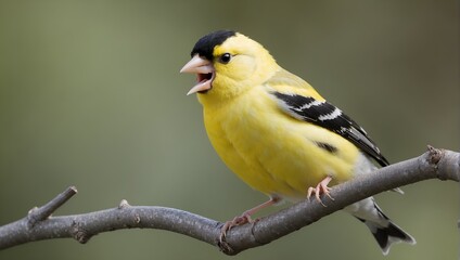 A small yellow bird, a yellow wagtail, perches on a branch Generative AI