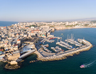Fototapeta premium Panoramic Aerial View of Acco, Acre, Akko old city with crusader palace, city walls, arab market, knights hall, crusader tunnels, in Israel