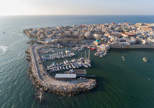 Panoramic Aerial View of Acco, Acre, Akko old city with crusader palace, city walls, arab market, knights hall, crusader tunnels, in Israel