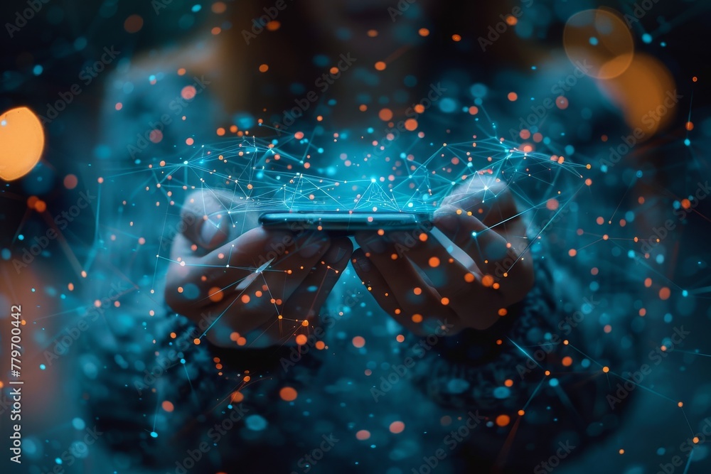 Poster an individual's hands holding a smartphone with abstract blue network lines emanating from the scree