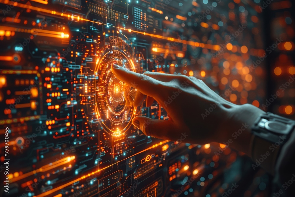 Poster this dynamic image captures a hand reaching out and touching a glowing, futuristic holographic inter