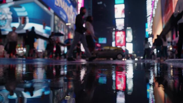Times Square New York City at Night Reflection Downtown in the Rain