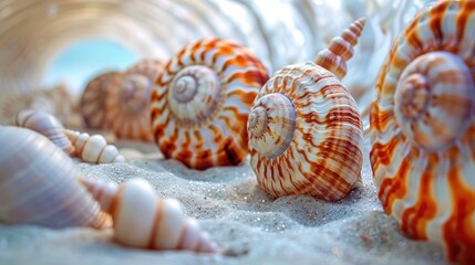 Captivating Spiral Seashell Arrangement Amidst Tranquil Coastal Setting