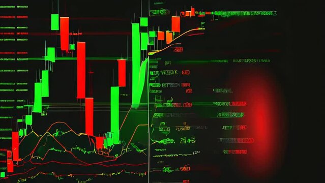 A Black screen featuring candlestick stock charts. This symbolizes trading and depicts the changes in the financial market for a certain amount of time, indicated by the red and green bars.