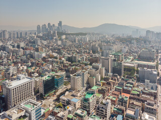 Fototapeta premium Sunset in Seoul. Aerial Cityscape. South Korea. Skyline of City. Gangnam District