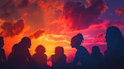 Fototapeta premium A group of people are sitting together and looking at the sunset. The sky is filled with clouds and the sun is setting