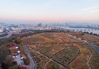 Sunset in Seoul. Aerial Cityscape. South Korea. Skyline of City. Mapo District. Haneul Park in Background. Han River