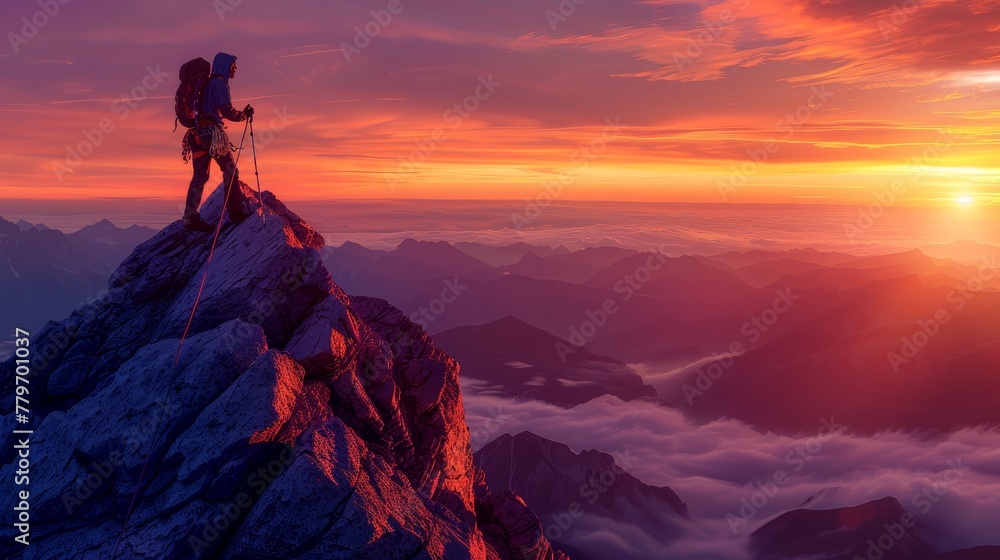 Poster a man is standing on a mountain peak with a sunset in the background. concept of adventure and accom