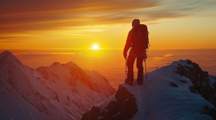 A man stands on a mountain top, looking out at the sunset. The sky is filled with clouds, and the sun is setting in the distance. The man is wearing a backpack and he is a hiker or mountaineer