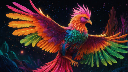 A brilliantly glowing neon phoenix, its feathers shining in vibrant hues of pink, orange, and green, illuminating the night sky.
