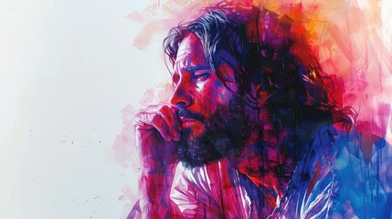 majestic watercolor depiction of Jesus Christ seated at the right hand of the Father, his reign symbolizing power and justice. - obrazy, fototapety, plakaty