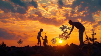 A man and two children are planting trees in a field at sunset. Scene is peaceful and serene, as the family works together to plant the trees and enjoy the beautiful sunset