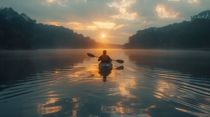 A man paddles a kayak on a lake at sunset. The sky is orange and the water is calm - obrazy, fototapety, plakaty