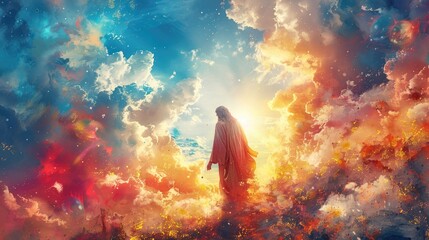 peaceful watercolor illustration of Jesus Christ reigning in heaven, his presence bringing eternal peace and harmony. - obrazy, fototapety, plakaty