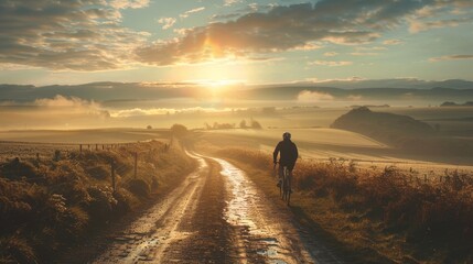A man is riding a bicycle down a dirt road. The sky is cloudy and the sun is setting - obrazy, fototapety, plakaty
