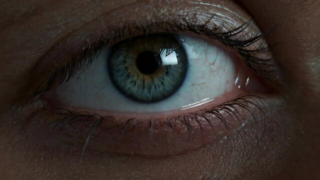 Macro shot highlighting the intricate details of a blue human eye with natural lighting. Concept of fear and stress and Retinal scan. AI-Generated