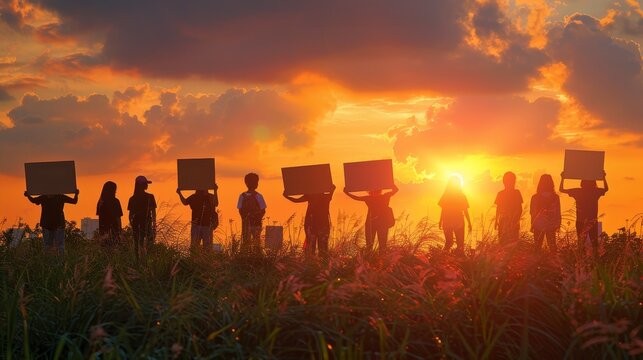 A group of people are holding signs and standing in a field. The sun is setting in the background, creating a warm and peaceful atmosphere. The people are likely protesting or advocating for a cause