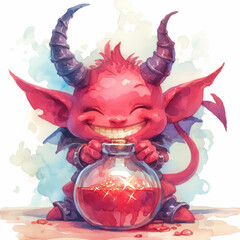 Mischievous imp with a glittering potion, watercolor clipart, brewer of chaos, isolated
