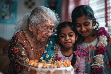 Elderly Indian woman with grandkids blowing out candles. generative ai