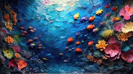 Fototapeta na wymiar A whimsical underwater scene with colorful fish and coral reefs, brought to life with vibrant oil paints.