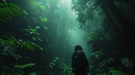 A person is walking through a forest with tall trees and green foliage. The atmosphere is mysterious and serene, with the person being the only one in the scene