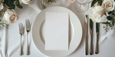 fine dining table setting of luxury fancy restaurant menu invitation card mockup for weddings and romantic eating event decoration as wide banner with empty black copy space 