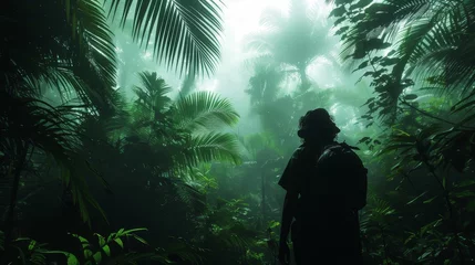 Foto op Canvas A man is standing in a jungle with trees and plants all around him. The atmosphere is dark and mysterious, with the man's silhouette standing out against the green foliage © Rattanathip