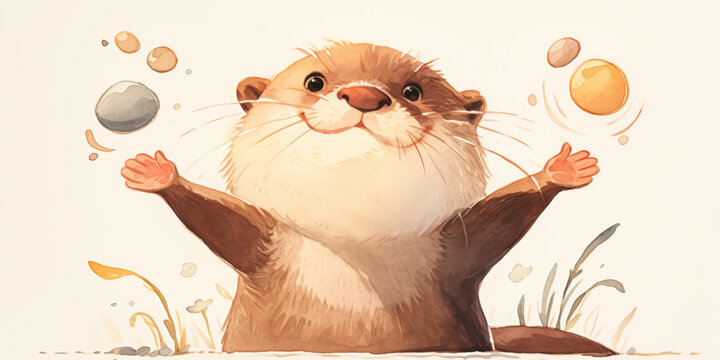 Playful otter juggling pebbles, watercolor clipart, a cheerful scene on white