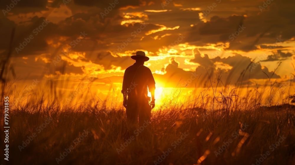 Wall mural A man is standing in a field of tall grass, with the sun setting in the background. The scene is serene and peaceful, with the man's silhouette against the orange sky creating a sense of solitude