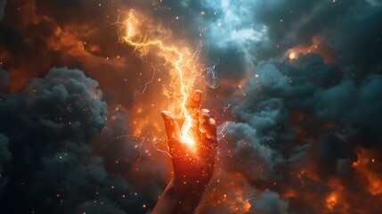 Hand holding lightning thunderbolt, energy and power, black smokey cloudy sky background - obrazy, fototapety, plakaty