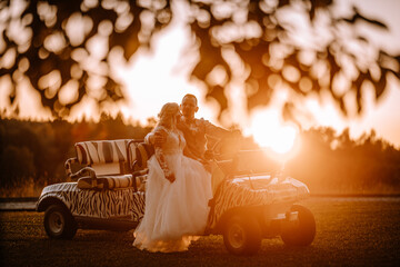 Valmiera, Latvia - August 13, 2023 - A bride and groom sit on a golf cart with a zebra stripe...
