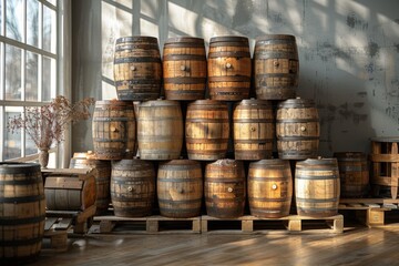 Vintage Barrels Stacked in Sunlit Distillery Room