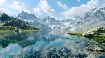 Crystal-clear lakes embraced by towering peaks - Ai generated
