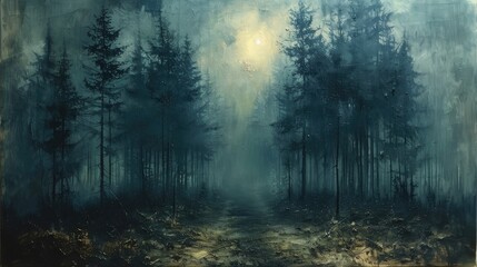 A mysterious forest path shrouded in mist, the haunting atmosphere created with muted oil tones. - obrazy, fototapety, plakaty