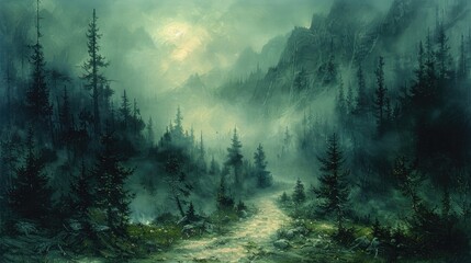 A mysterious forest path shrouded in mist, the haunting atmosphere created with muted oil tones.