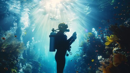 A man in a black wetsuit is underwater, surrounded by fish. Concept of adventure and exploration, as the man is diving into the depths of the ocean - obrazy, fototapety, plakaty