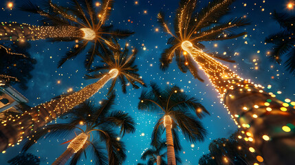 Palm trees adorned with Christmas garlands and lights - Ai generated