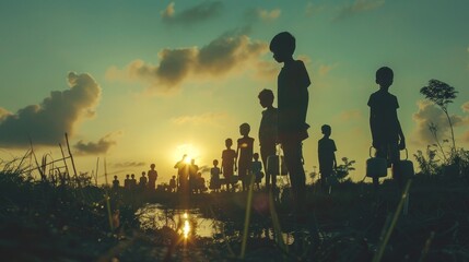 A group of children are standing in a field with a sunset in the background