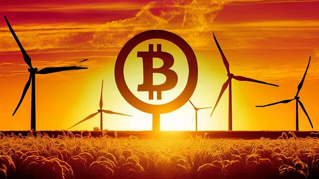 Crypto-currency mining using clean energy from wind turbines. Alternative renewable green energy source environmental sustainability. Sunset sky background. Alternative renewable energy. AI-generated