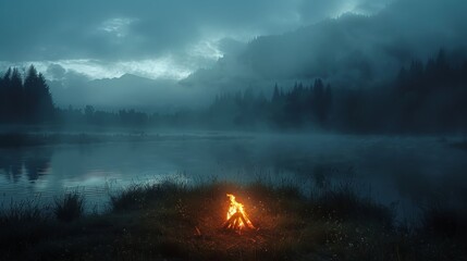 A fire is burning in a field next to a lake. The sky is cloudy and the water is calm. The scene is peaceful and serene