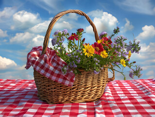 Picnic basket adorned with fresh flowers on red and white - Ai generated