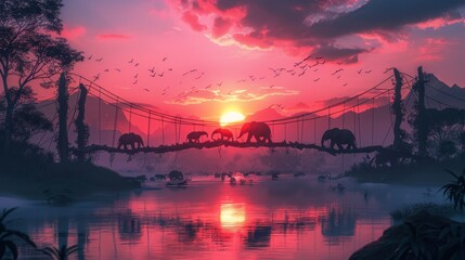 A bridge over a river with elephants crossing it. The sky is pink and the sun is setting