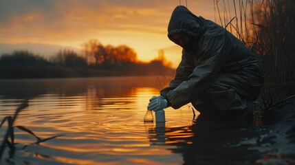 A man in a raincoat is kneeling in the water, filling a bottle. The scene is set at sunset, creating a serene and peaceful atmosphere - obrazy, fototapety, plakaty